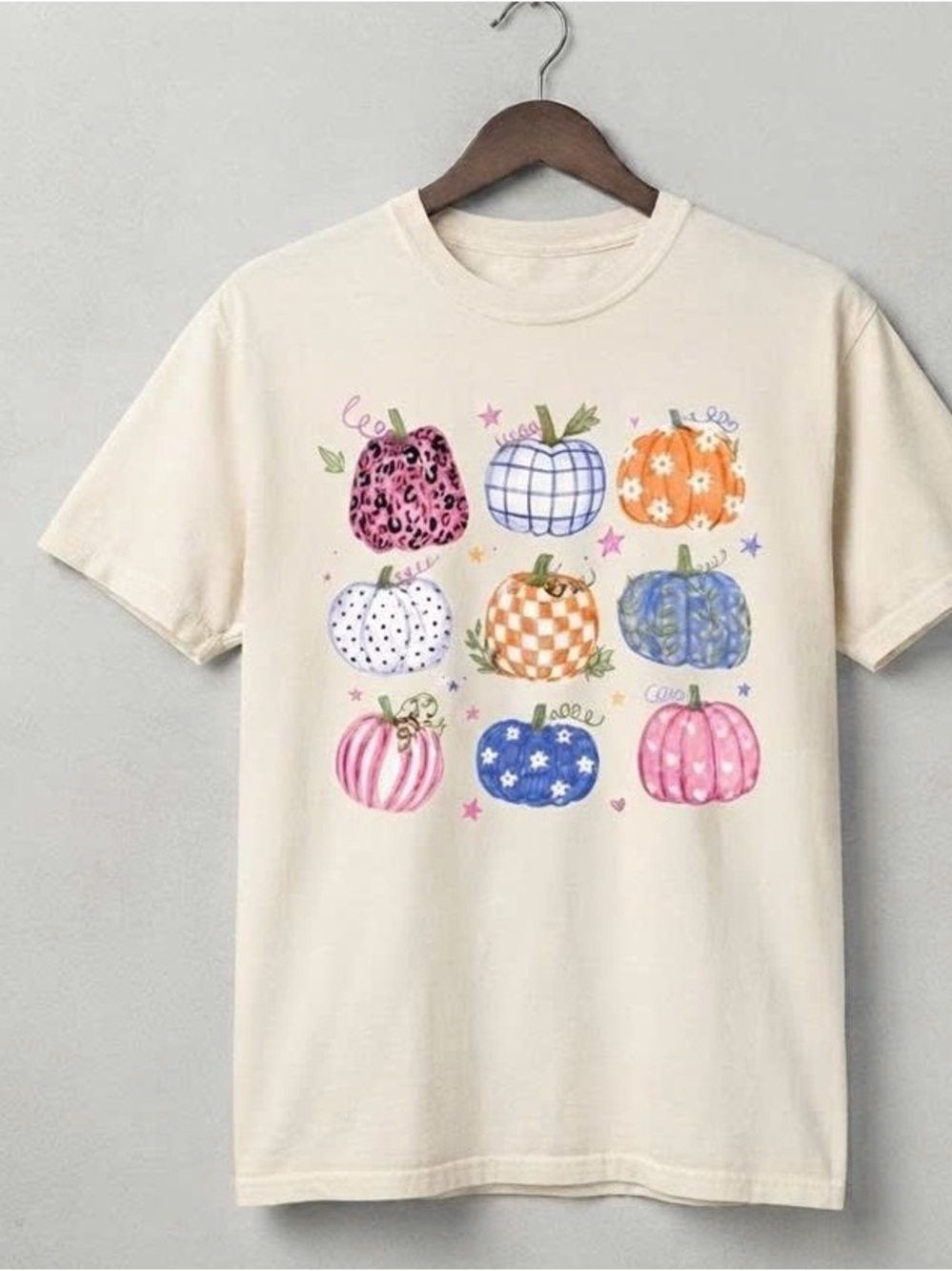 Cream Short Sleeve T-Shirt with Colorful Pumpkin Grid